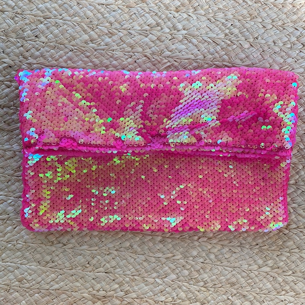 BrasiBrasi iridescent pink sequen clutch purse, NWT